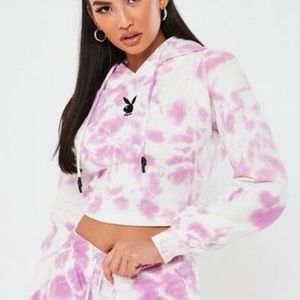 playboy x Missguided Pink Tie Dye Fitted Cropped Hoodie